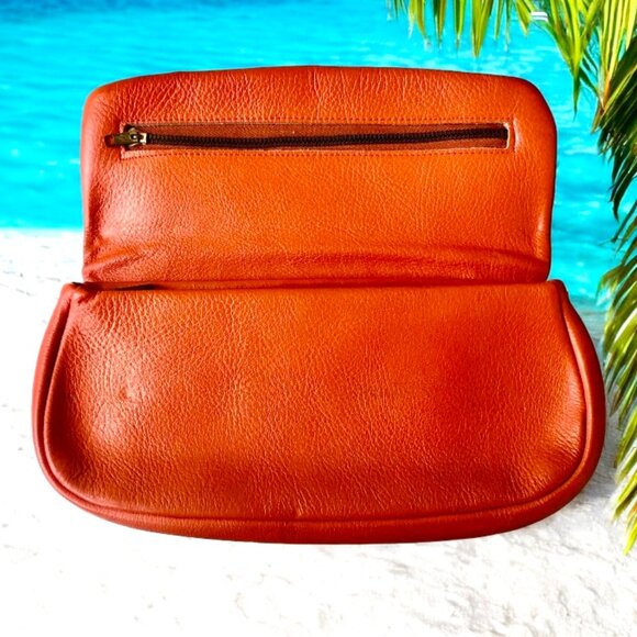 Vintage Orange Leather Clutch Purse Handbag Flap Top Zipper Suede Lined - Picture 2 of 10